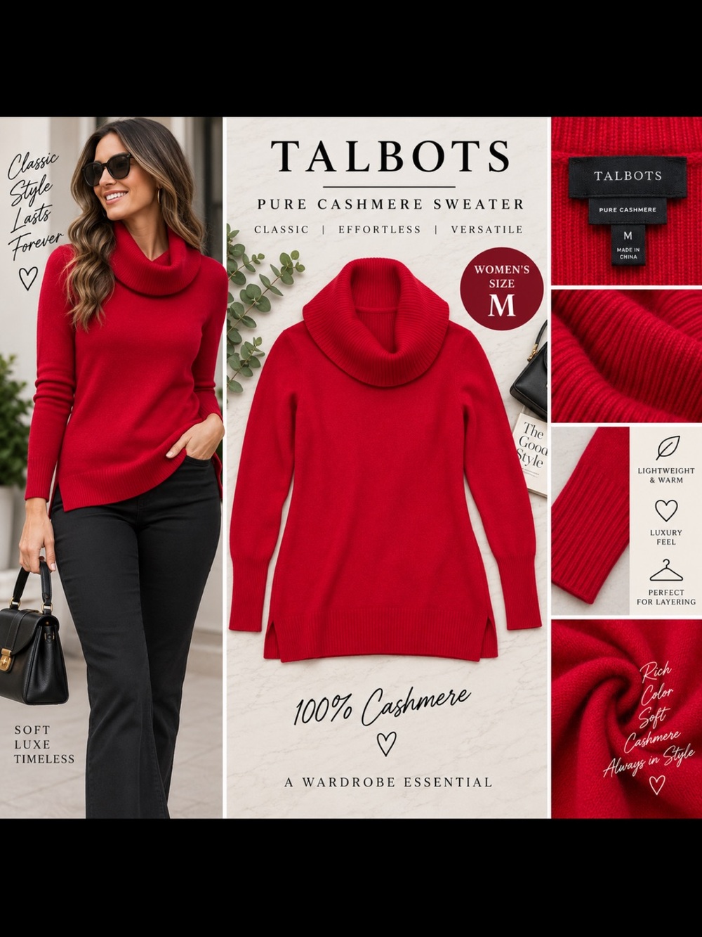 Talbots 100% Pure Cashmere Red Cowl Neck Sweater Women’s Medium M